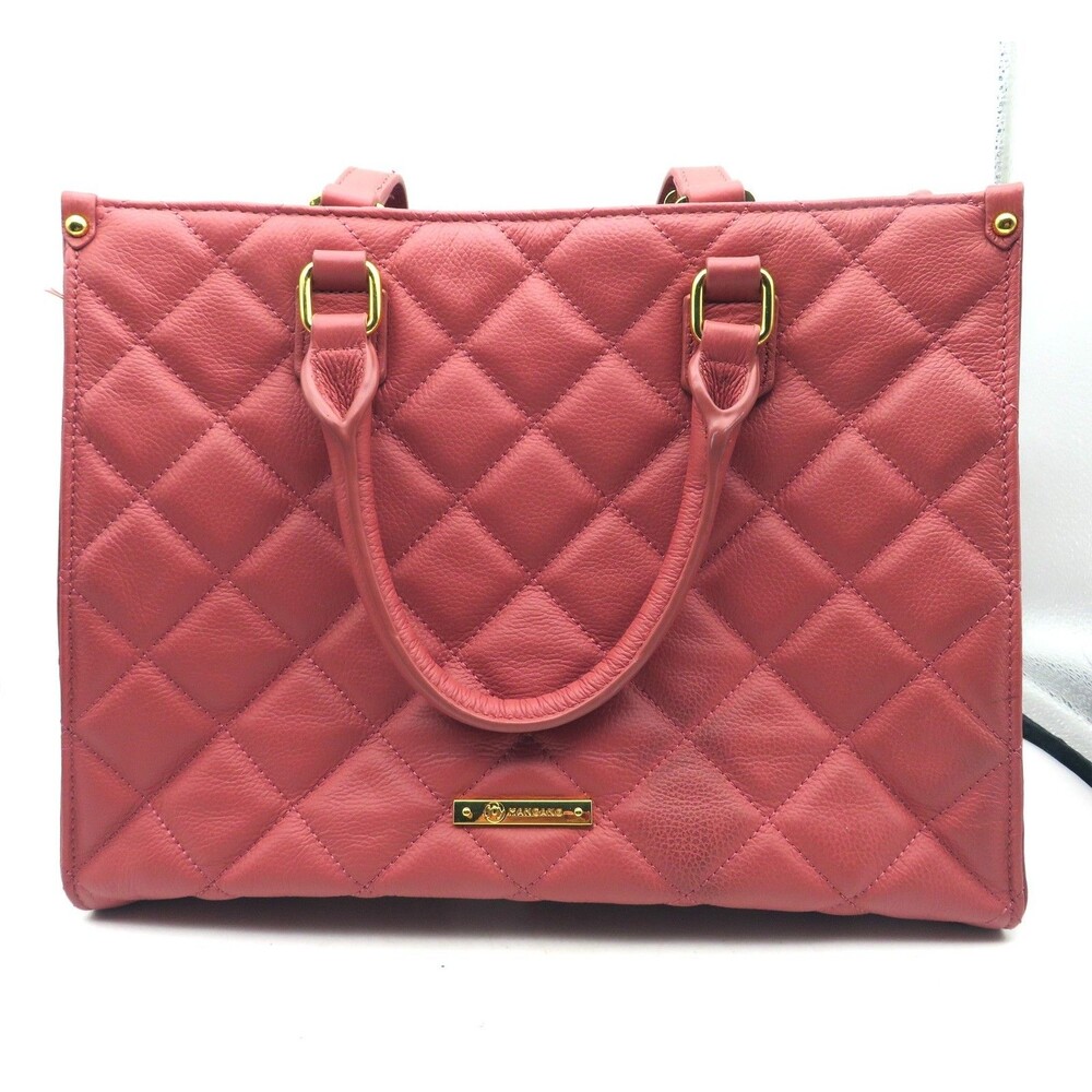 Mangano Dusty Rose Quilted Leather Tote Bag Top Handle & Shoulder Gold Hardware